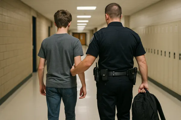 Person guided by school resource officer