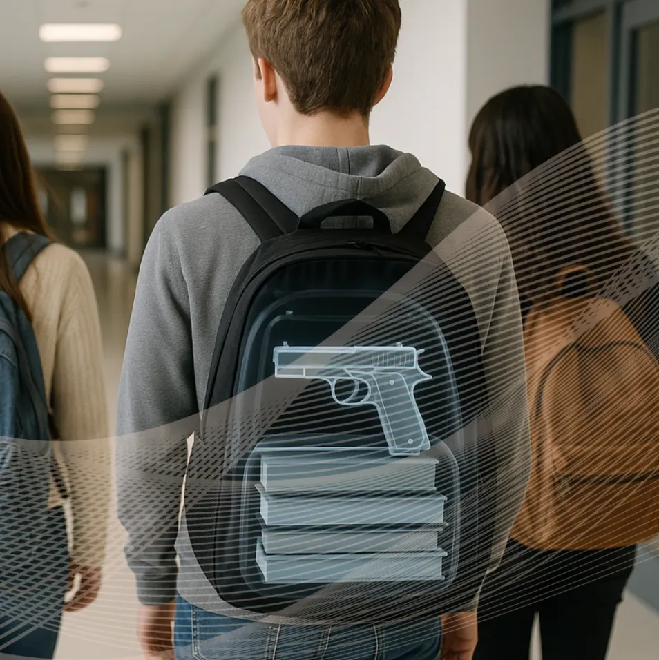 Person in hallway with weapon in backpack